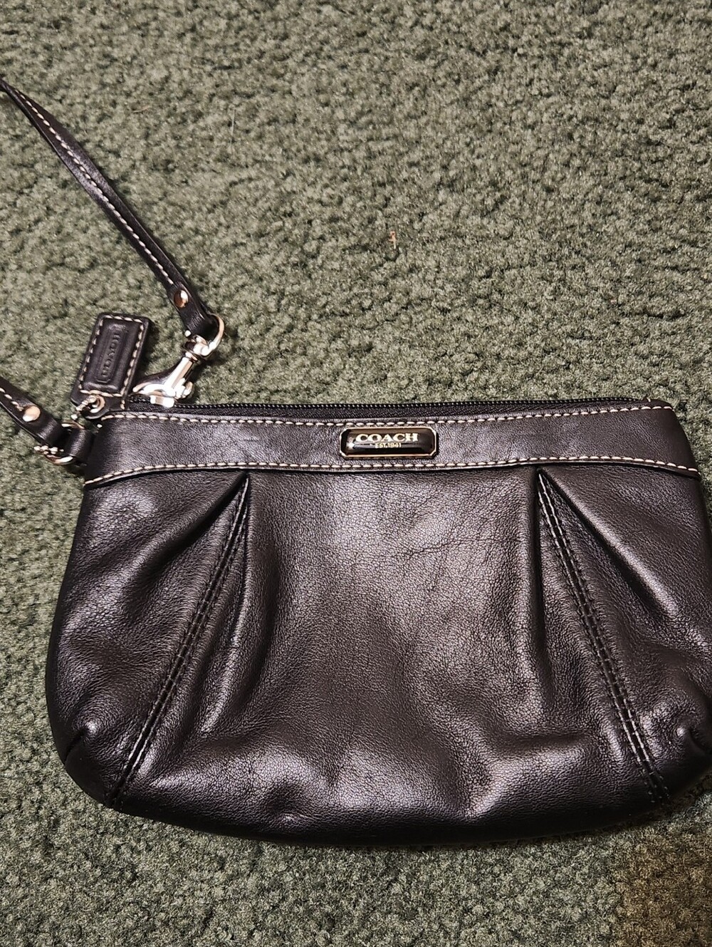 Coach Wristlet Black Leather Pleated with Purple Satin Lining Silver Hardware